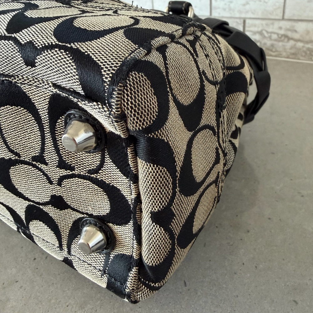 Coach Black and Beige Signature Canvas Satchel with Braided Leather Trim - Picture 9 of 14